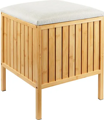Zdjęcie produktu dla Relaxdays – kosz na bieliznę z siedziskiem, bambus, wyściełana pokrywa, wymiary: 52 x 39 x 39 cm, stołek łazienkowy z schowkiem, kolor naturalny/kremowy