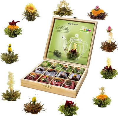 Produktbild von Creano Teeblumen Geschenkset in Teekiste aus Holz 12 Erblühtee in 11 Sorten weißer Tee, grüner Tee, schwarzer Tee, Teerosen, Geschenk für Frauen, Mutter, Teeliebhaber