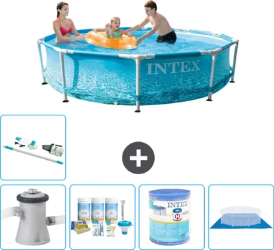 Produktbild von Intex Rundrahmen-Schwimmbecken – 305 x 76 cm – Wasserdruck – inklusive Pumpe Wartungspaket - Filter - Bodenplane - Staubsauger