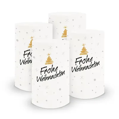 Four cylindrical candle holders with a Christmas theme.
