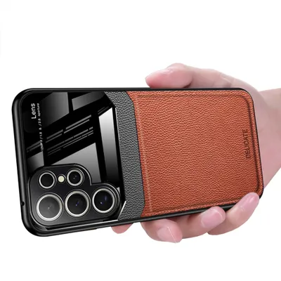 Obrázek produktu pro Pouzdro pro Samsung Galaxy S25 Ultra, Hybridní TPU Nárazník, Protiskluzové, Kožené Pouzdro s Texturou Litchi a Skleněnou Ochrannou hnědé