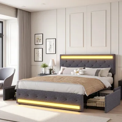Image de INONEFT, lit capitonné 160x200 cm, lit à lattes moderne avec LED et ports USB, lit pour adolescents avec 4 tiroirs de rangement, sans matelas, tissu lin gris foncé