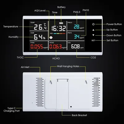 Zdjęcie produktu dla Inteligentny monitor jakości powietrza 9-w-1, mierzący: CO2, PM2.5, PM10, HCHO, TVOC, temperaturę, wilgotność, z wyświetlaczem dotykowym, tester jakości powietrza, pomiar w czasie rzeczywistym