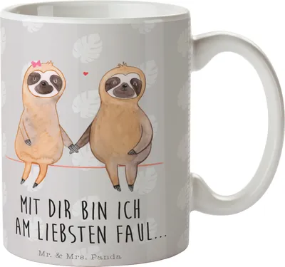 Produktbild von Mr. & Mrs. Panda Pott Faultier Pärchen - Grau Pastell - Geschenk, Kaffeebecher, Beziehung, Teetasse, Liebe, schöne tasse, Verliebt, Kaffeetasse, Relaxen, Deko