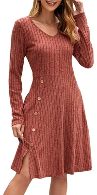 Imagen del producto de Vestido tipo túnica casual, con mangas largas, cuello en V y corte midi, con bolsillos