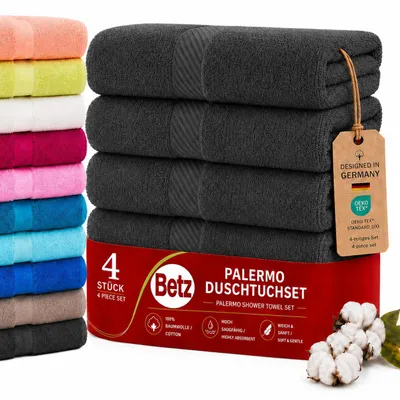 Produktbild von Betz 4 Stück Duschtücher Set Palermo Größe 70x140 cm 100% Baumwolle Badetuch Duschhandtuch Sporthandtuch Farbe apricot Farbe anthrazit