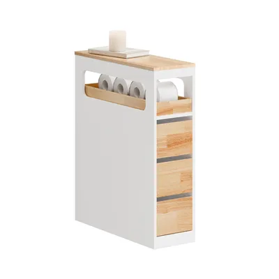 Produktbild von SoBuy Schmaler Badezimmerschrank mit 3 Schubladen Platzsparender Badschrank auf Rollen mit Stabiler Struktur geeignet für Badezimmer WC BZR54-III-WN