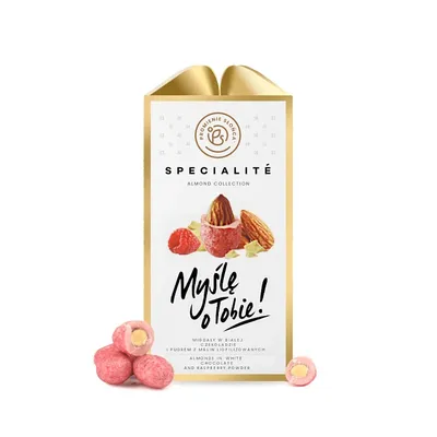 Zdjęcie produktu dla Mini Box: Myślę o Tobie! - Migdały w Białej Czekoladzie z Pudrem z Malin Liofilizowanych