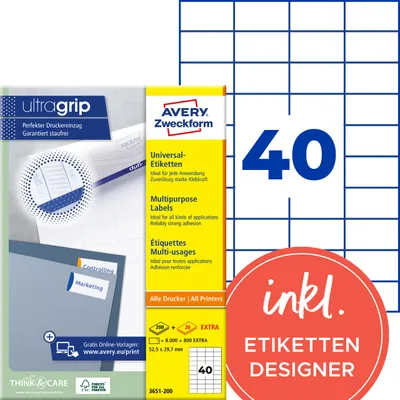 Produktbild von Avery Zweckform 3651-200, Universal-Etiketten, A4, Qualitätsdruck mit: ultragrip, 52,5 x 29,7 mm, 8.800 Etiketten / 220 Bögen, weiß