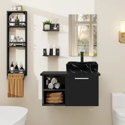 Image de Puluomis Ensemble de meubles de salle de bains avec porte-serviettes, lavabo céramique noir meuble sous lavabo meuble bas avec miroir salle de bains cuisine