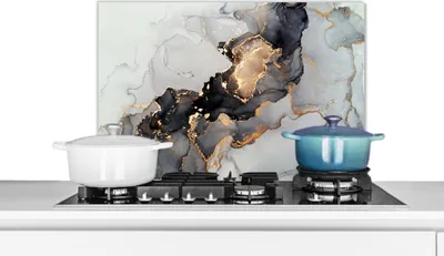 Produktbild von KitchenYeah®  Spritzschutz Küche - Küchenrückwand - Wandschutz für Herd und Spüle - Schwarz - Marmor - Luxus - Gold 60x40 - Alu-Dibond (Alternative zum Spritzschutz aus Glas) - Hitzebeständig - Herdsp