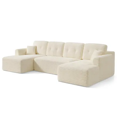 Produktbild von VASAGLE U-Form Sofa 6-Sitzer Modulares Cord Sofa mit Kissen 336 x 154 x 89 cm Weiß