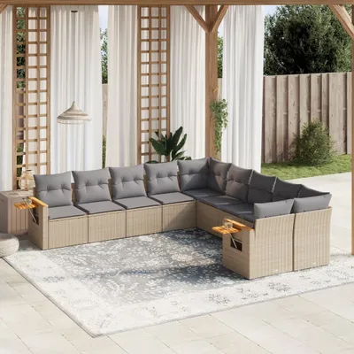 Produktbild von Design 10-tlg. Garten-Sofagarnitur mit Kissen Beige Poly Rattan, Gartenmöbel-Sets 2024 Neu