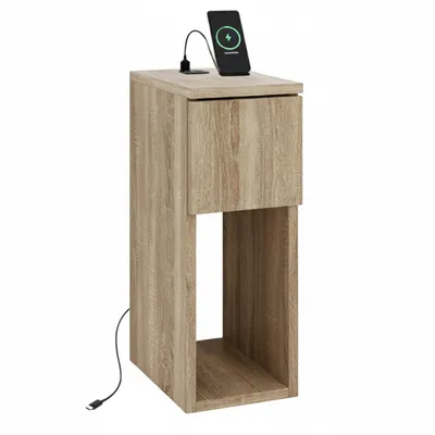 Produktbild von Nachttisch Beistelltisch schmal - Torro Eiche - mit USB USB C Ladeanschluss - Schublade Ablage