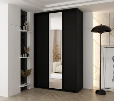 Produktbild von MINIO go for it, Kleiderschrank VADO, 150x235,2x45 cm, 3 Schiebetüren (1 Spiegel), 6 Einlegeböden, 2 ausziehbare Metallstangen, Schwarz Matt