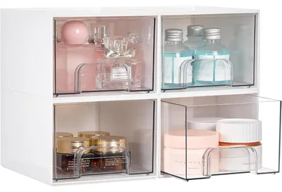 Obrázek produktu pro Skládací úložné boxy se zásuvkami, sada 4 kusů, bílá barva, materiál: akryl