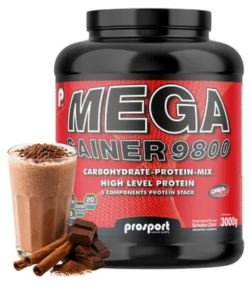 Produktbild von Prosport Mega Gainer 9800, Schoko-Zimt, Weight Gainer, Masseaufbau, mit Vitaminen und Zink, Kohlenhydrat-Eiweiß-Konzentrat, 3000g Dose