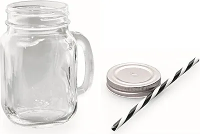 Produktbild von Trinkglas mit Deckel und Trinkhalm silber schwarz
