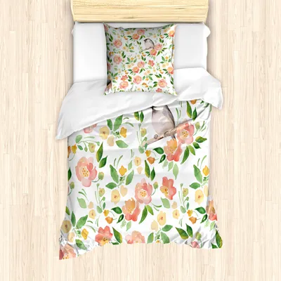Produktbild von ABAKUHAUS Blumen Mantele, Blütenblätter Blüten, Milbensicher Allergiker geeignet mit Kissenbezügen, 135 cm x 200 cm - 80 x 80 cm, Coral Farn-Grün Weiß