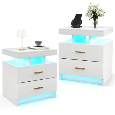 Two white nightstands with blue LED lighting.