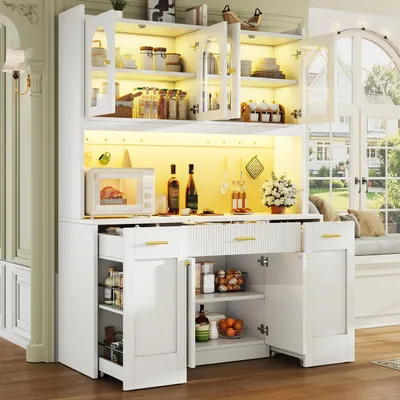 Produktbild von okwish Küchenschrank mit App-Steuerung LED, großzügigem Stauraum,Küche Hochschränke mit zwei dreistöckigen Schubladen,Glasvitrinen,Weiß