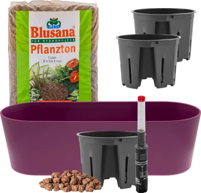 Produktbild von Leni Flori Jardiniere Blumentopf länglich 36 cm dunkelflieder / lila Hydrokultur-Komplett-Set mit Übertopf Hydro-Töpfen Wasserstandsanzeiger & Pflanzton