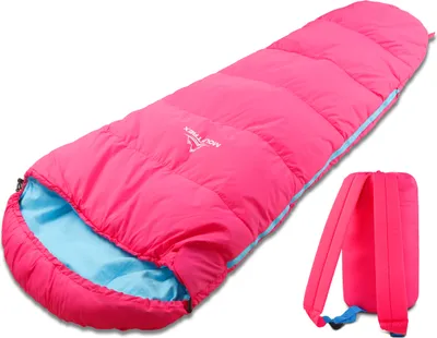 Immagine prodotto di Sacco a pelo per bambini MOUNTREX® - Da trasportare come uno zaino - Sacco a pelo per bambini (175 x 70 x 45 cm) - Attività all'aperto, viaggi, campeggio – Sacco a pelo a mummia leggero e compatto - Fodera interna 100% cotone - (Rosa/Blu)