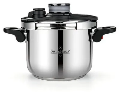 Zdjęcie produktu dla Garnek szybkowar indukcyjny - 6 litrów / średnica 22 cm, Swiss Haus. Garnek do gotowania, szybkowar do gotowania na parze, stal nierdzewna, do wszystkich rodzajów płyt grzewczych. Obsługa jedną ręką