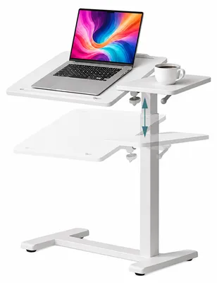 Obrázek produktu pro Relaxdays, výškově nastavitelný stojací stůl, rozsah 67,5–102 cm, s naklápěcí plochou, s nenápadnými kolečky, vhodný do domácí kanceláře, stolní deska pro notebook, tvar "C", bílá barva
