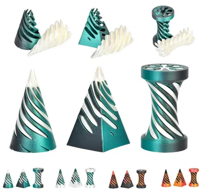 Produktbild von Fidget Spiral 3er-Set | Schwarz-grüne Basis, weißes Innenteil | Kegel, Sanduhr und Pyramide | Austauschbare Elemente | Sensorisches Anti-Stress-Handgerät | 14+