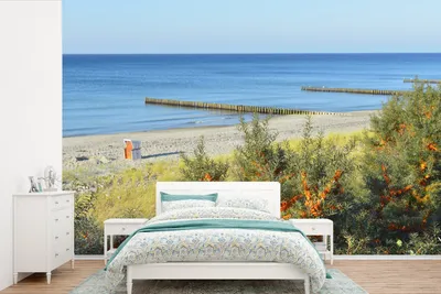 Produktbild von MuchoWow® Fototapete für Wohnzimmer oder Schlafzimmer Wandtapete Vinyl Motivtapete Ostsee - Strand - Bäume - 330x220 cm - Fototapeten