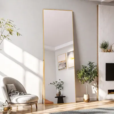 Zdjęcie produktu dla Prostokątne lustro do makijażu z hartowanego szkła, złota aluminiowa rama, 162 x 53 cm, elegancki nowoczesny design do sypialni lub łazienki
