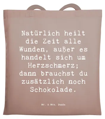 Produktbild von Mr. & Mrs. Panda Tote Bag Spruch Herzschmerz Schokolade - Braun Pastell - Geschenk, Hoffnung, Tragetasche, Tasche, Uni, Zitat, Jutebeutel, Lächeln, Seele trösten, Herz