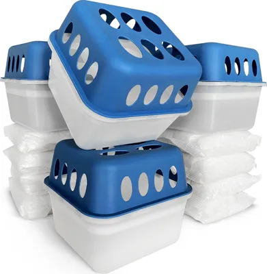A stack of blue and white dehumidifier units with white packets of desiccant material underneath.