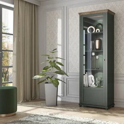 Produktbild von Vitrinenschrank mit LED Beleuchtung EPSOM-83 Türanschlag links Landhaus grün mit Lefkas Eiche Nb., B/H/T: ca. 71/200/42 cm