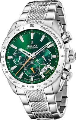 A close-up studio shot of a Festina chronograph watch with a green dial and silver metal band.