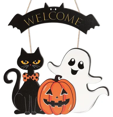Halloween-Türschild, Holz, Kürbis, Geist, schwarze Katze, Willkommensschild