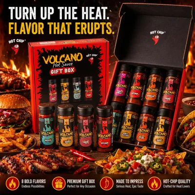 Image de HOT CHIP Coffret cadeau de sauces chili "Volcano", 8 x 270 ml | 8 sauces épicées pour grillades, sauces et marinades | Coffret cadeau