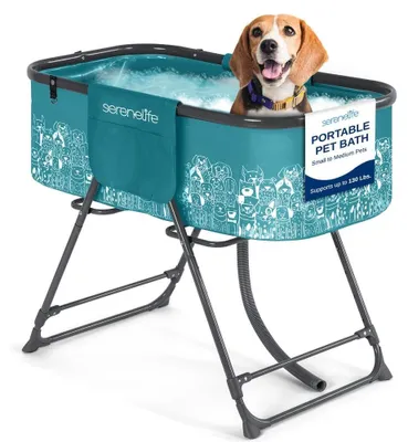 Produktbild von SereneLife Hundebadewanne, Erhöhte & Faltbare Badewanne mit 3-Punkt-Gurt, Ablauf
