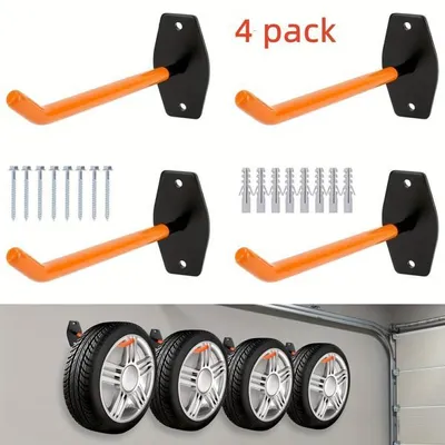 Produktbild von Vier Radhaken – Wandhalterungen für Autoreifen – Wandhalterungen für Fahrräder – Garagenhaken – Leiterhaken – Tragkraft: 36 kg – Orange
