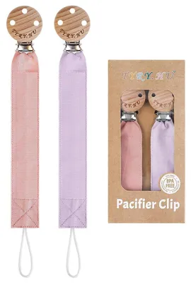 Immagine prodotto di Set di 4 catenelle per ciuccio, in tessuto e legno, rosa e viola, adatte a bambine e bambini