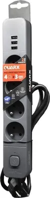 Zdjęcie produktu dla Przedłużacz QUARX, 4 Gniazda, 3 Porty USB 2.4A, Kabel 1.5m, Biało-Szary