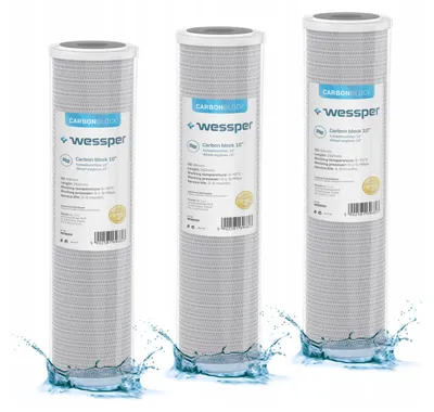 Three water filter cartridges are shown standing upright with water splashing around their bases.