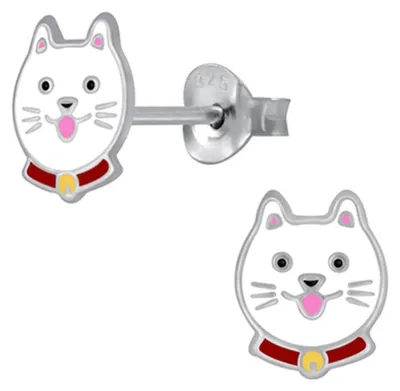 Produktbild von Kinderohrstecker: Mädchen Ohrringe Silber „Katze“ Weiß