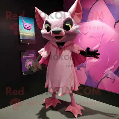 Produktbild von Rosafarbene REDBROKOLY Fledermaus Maskottchen kostümfigur bekleidet mit einem Etuikleid und Fußkettchen