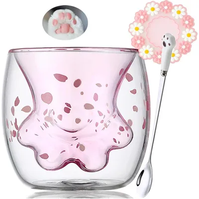 Immagine prodotto di Bicchieri doppi isolati a forma di zampa di gatto, colore rosa, set da 2, realizzati in vetro borosilicato
