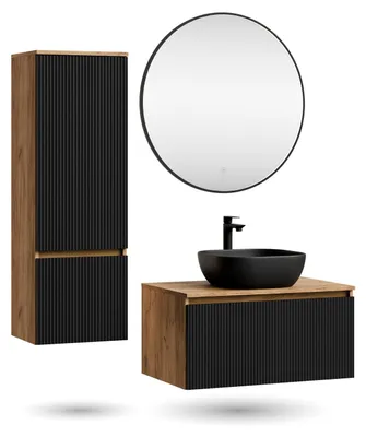 Produktbild von ARISA Badmöbel Set inkl. Hochschrank in Schwarz Geriffelt – Mit Veluna LED Spiegel und schwarzem Keramik-Aufsatzwaschbecken 42 cm
