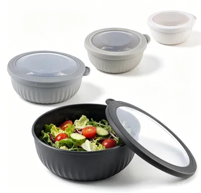 Produktbild von Schüsselset mit Deckeln, 4-teilig, stapelbare Salatschüsseln, Rührschüsseln, Teigschüsseln, BPA-frei, spülmaschinen- und mikrowellengeeignet, 0,4/0,78/1,4/2,2 l