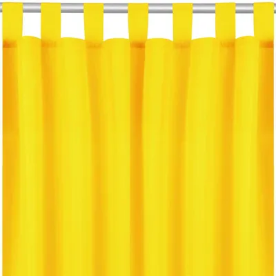A close-up view of yellow curtains hanging from a rod.