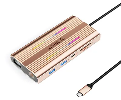 Zdjęcie produktu dla Stacja dokująca Orico XDR 12-w-1 z podświetleniem RGB, z portami USB-C (obsługująca ładowanie PD, 100W) i USB-A (3 porty), oraz portem HDMI